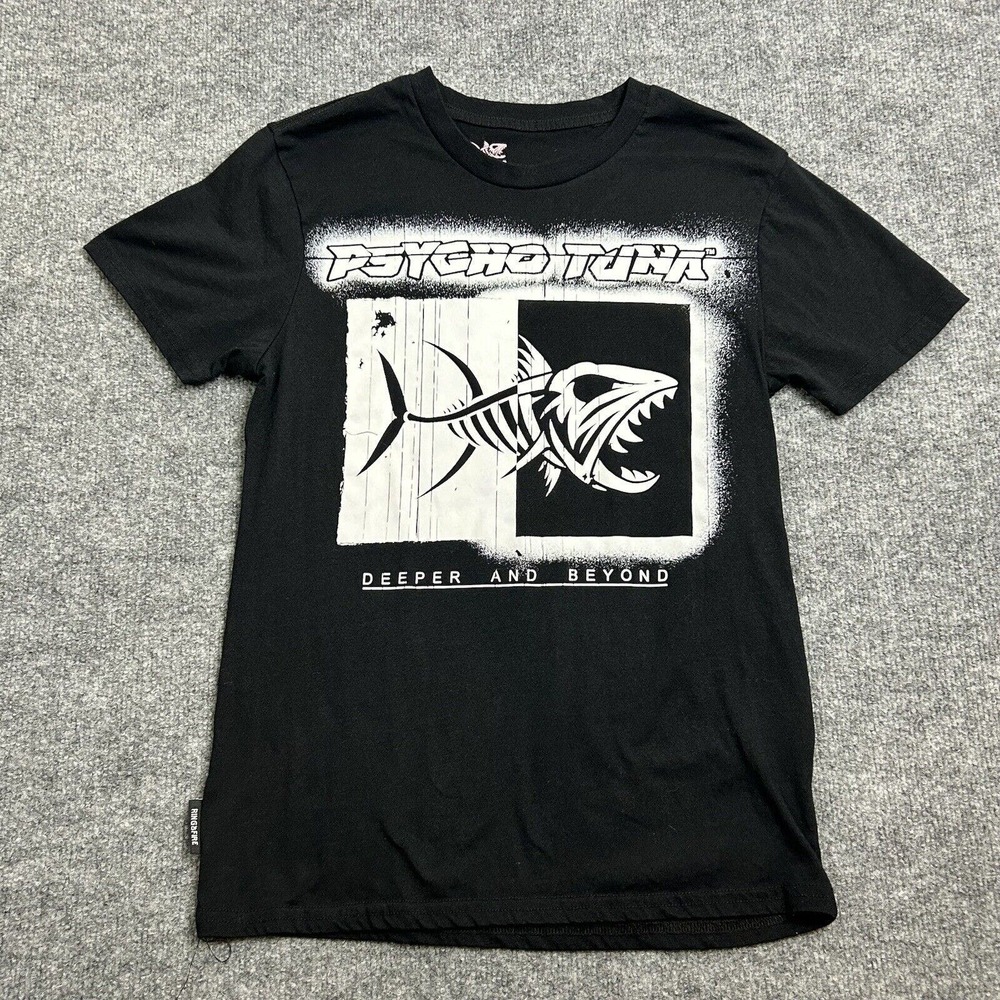 Psycho Tuna Women's Small Logo White Stencil Short Sleeve Graphic Black T-Shirt
